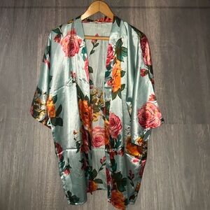 Mei Yesida Floral Satin Kimono‎ Robe Blue Open Front Lightweight